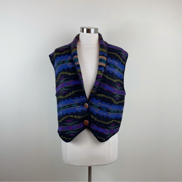 Alps Merrimac Valley New England 100% Pure Wool Aztec Blue Black Sweater Vest - Picture 1 of 6